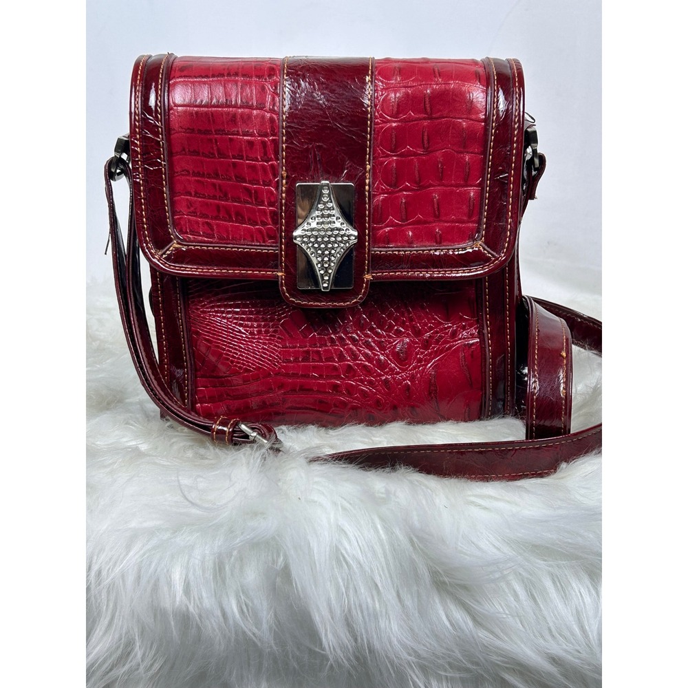 Vintage MC Burgundy Croc Embossed Crossbody Bag Crystal Diamond‎ Hardware Gold